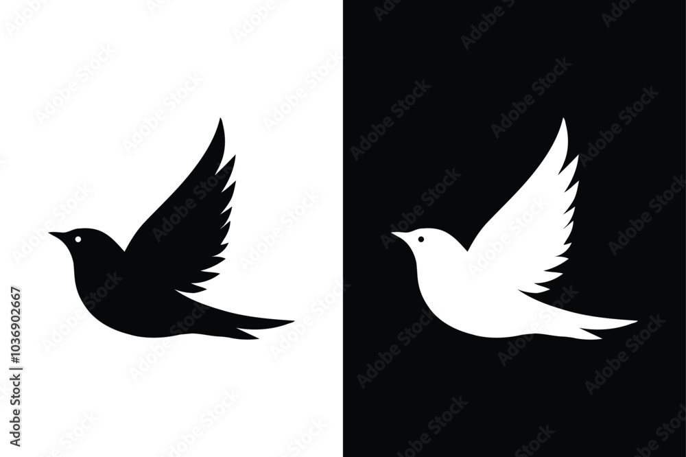 Birds black and white royalty free vector icon silhouettes. Dove Icon on Black and White Vector Background. Birds black and white royalty free vector icon silhouettes. Dove Icon on Black and White Vector Background.