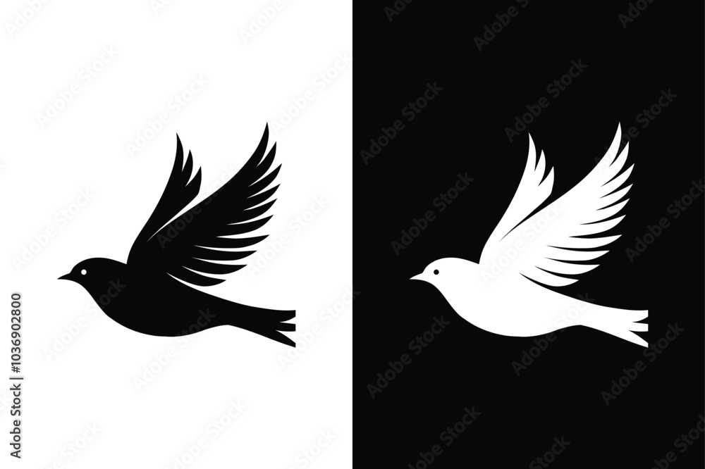 Obraz premium Birds black and white royalty free vector icon silhouettes. Dove Icon on Black and White Vector Background. 