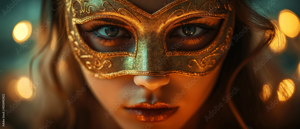 Mysterious woman in a golden mask with glowing lights in the background. Banner or header Mysterious woman in a golden mask with glowing lights in the background. Banner or header