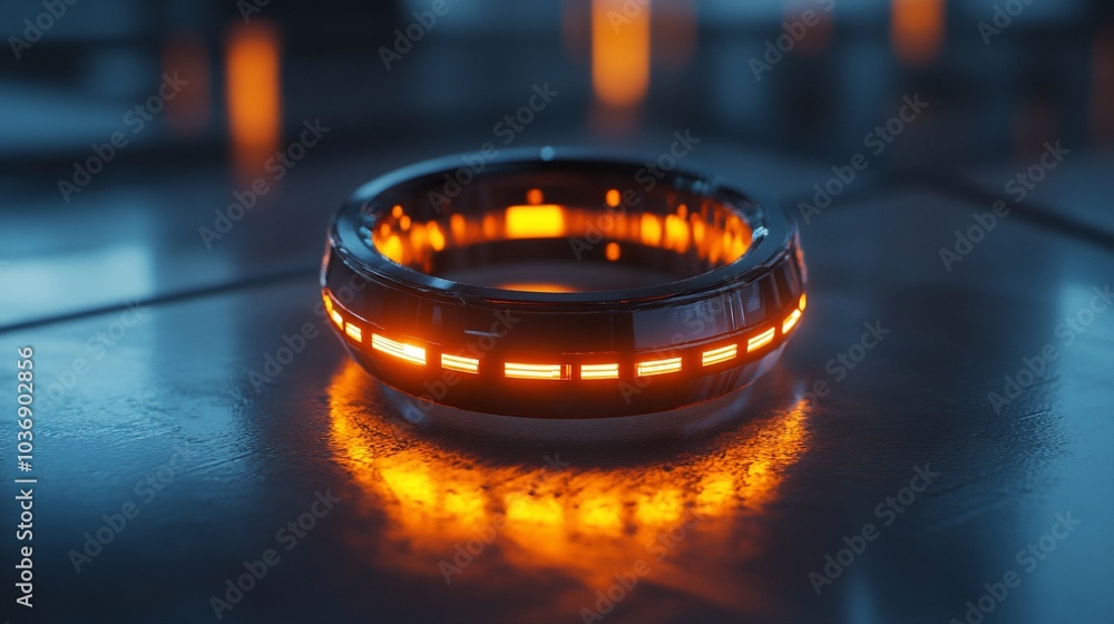 Futuristic ring with glowing lights on a metallic surface. Futuristic ring with glowing lights on a metallic surface.