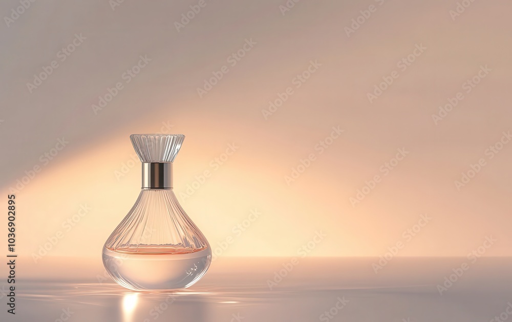 A sleek, minimalist perfume bottle with a transparent container and a metallic cap A sleek, minimalist perfume bottle with a transparent container and a metallic cap