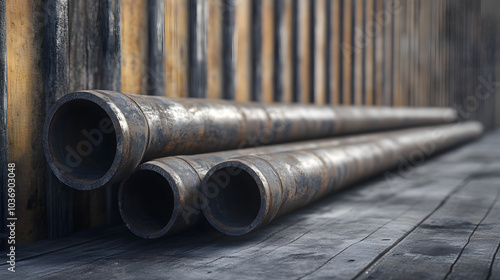 Creative and Artistic Depiction of Leaning Industrial Steel Pipes in Warehouse, Perfect for Unique Wallpaper Desires