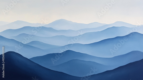 Landscape mountains in the fog, blue