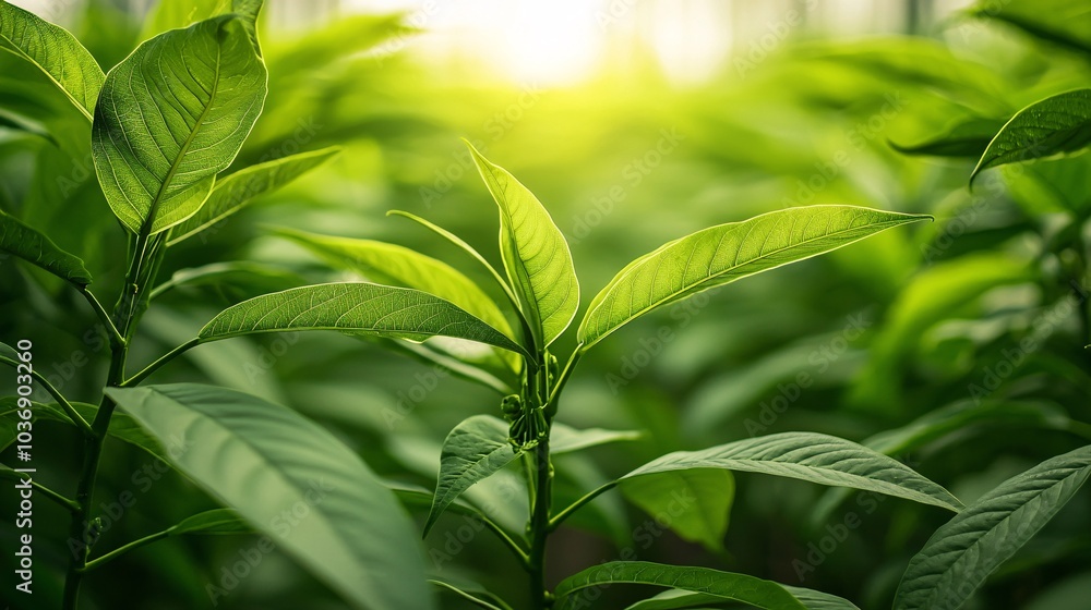 Obraz premium Lush green leaves embrace the sunlight in a verdant landscape of nature's beauty and growth potential