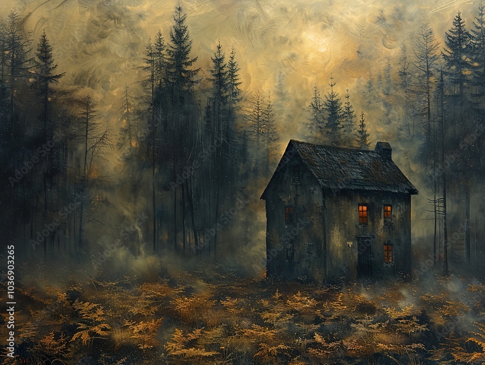 Enchanted Forest Cabin in the Mist - A Mystical Landscape Painting Enchanted Forest Cabin in the Mist - A Mystical Landscape Painting