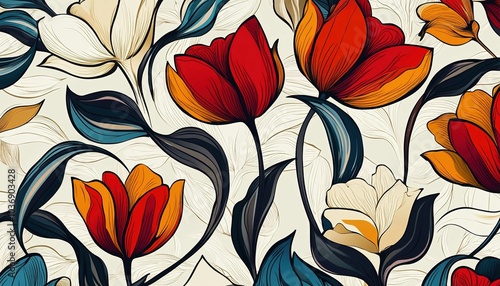 Abstract Floral Illustration with Red and Orange Tulips