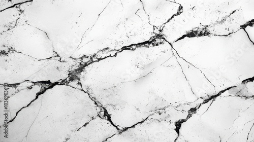 A close-up view of a marble surface showcasing intricate white and black veining patterns.