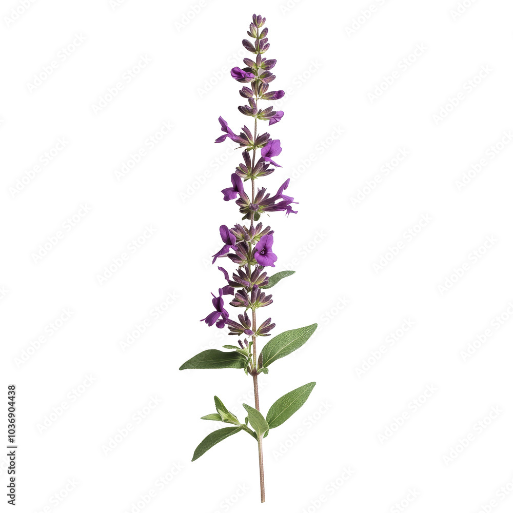 Blooming salvia sprig isolated on transparent background showcasing its vibrant purple flowers and green leaves, sprig of blooming salvia, file of isolated object with shadow on transparent background Blooming salvia sprig isolated on transparent background showcasing its vibrant purple flowers and green leaves, sprig of blooming salvia, file of isolated object with shadow on transparent background