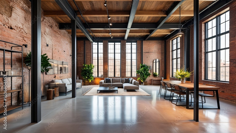 An industrial-style loft with exposed brick walls, high ceilings, and large windows that let in natural light, highlighting modern urban living. An industrial-style loft with exposed brick walls, high ceilings, and large windows that let in natural light, highlighting modern urban living.