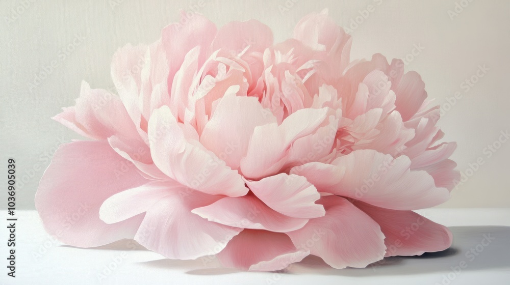 A large pink peony in full bloom, resting elegantly on a clean white surface, its soft petals spreading outward in intricate layers.