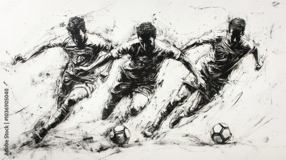 Fototapeta premium Dynamic Charcoal Sketch of Soccer Players in Motion Capturing Intensity and Passion for the Sport