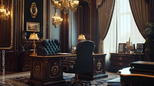 An elegant classic office with dark wood furniture, ornate decorations photo