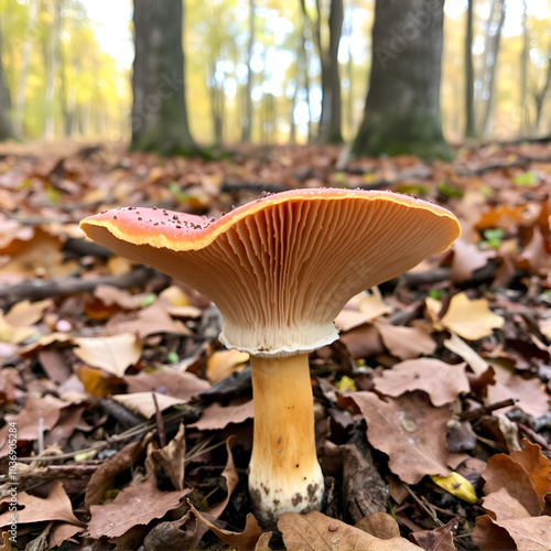 Leccinum versipelle mushroom. Orange birch bolete in autumn forest. Seasonal collection of edible mushrooms