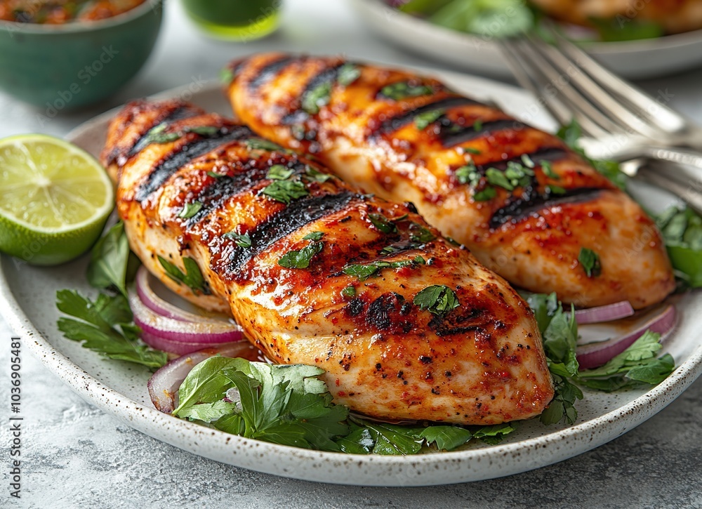 Two grilled chicken breasts with red onion slices and fresh parsley on a white plate. Two grilled chicken breasts with red onion slices and fresh parsley on a white plate.