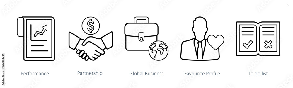 A set of 5 mix icons as performance, partnership, global business A set of 5 mix icons as performance, partnership, global business