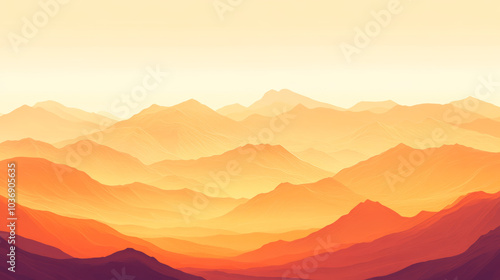 Landscape mountains in the fog, yellow orange