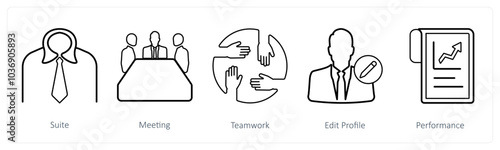 A set of 5 mix icons as suite, meeting, teamwork