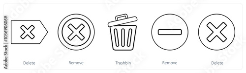 A set of 5 mix icons as delete, remove, trash bin