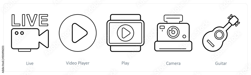 A set of 5 mix icons as live, video player, play A set of 5 mix icons as live, video player, play
