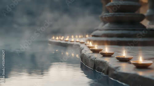 Diwali Lamps Surrounding Natural Hot Spring with Steam Rising photo