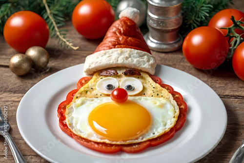 Festive Santa-Themed Breakfast with Fried Eggs and Toast on a White Plate photo