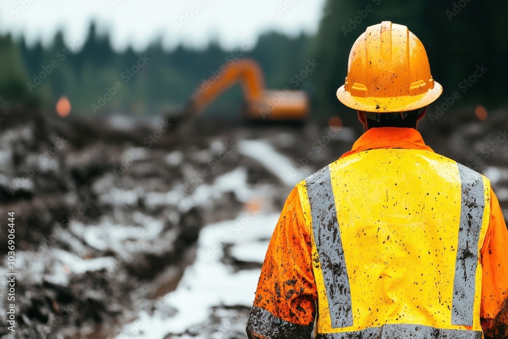 Construction worker in safety gear overlooking an excavation site with muddy terrain and heavy machinery in the background Construction worker in safety gear overlooking an excavation site with muddy terrain and heavy machinery in the background