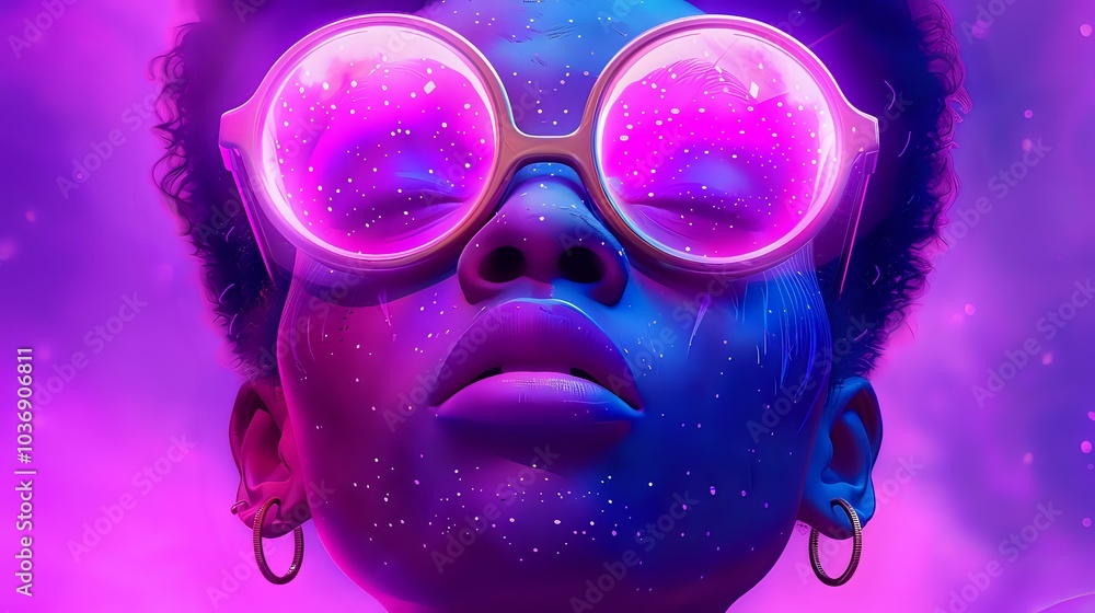 A portrait of a person wearing vibrant, starry sunglasses against a colorful cosmic backdrop. A portrait of a person wearing vibrant, starry sunglasses against a colorful cosmic backdrop.