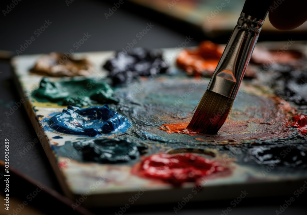 Fototapeta premium Colorful palette with paint and brush in an artist's studio during a creative afternoon session
