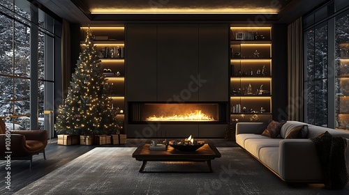 Wallpaper Mural Dark living room filled with holiday charm featuring a glowing Christmas tree and a crackling fireplace Torontodigital.ca