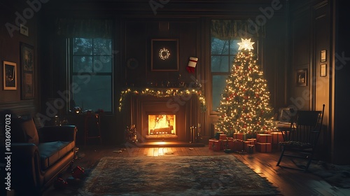 Dark living room filled with holiday charm featuring a glowing Christmas tree and a crackling fireplace
