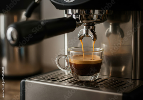 Brewing a perfect espresso in a modern kitchen with gleaming coffee machine during morning routine