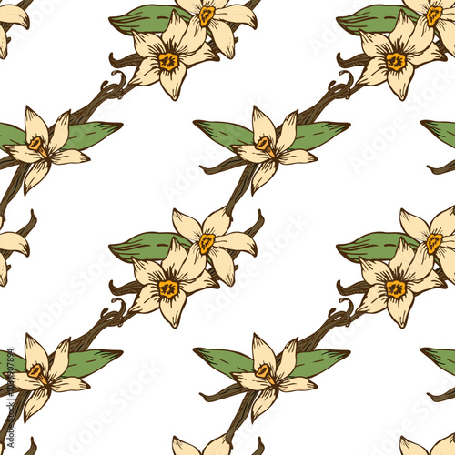 Seamless vector pattern featuring vanilla beans, aromatic herbs, and delicate flowers. Perfect for natural, organic cosmetic packaging and illustrations.