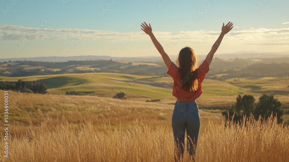 A young woman standing on a hilltop field, with her arms raised towards the sky, enjoying the fresh breeze and wide-open landscape of rolling hills behind her. A young woman standing on a hilltop field, with her arms raised towards the sky, enjoying the fresh breeze and wide-open landscape of rolling hills behind her.