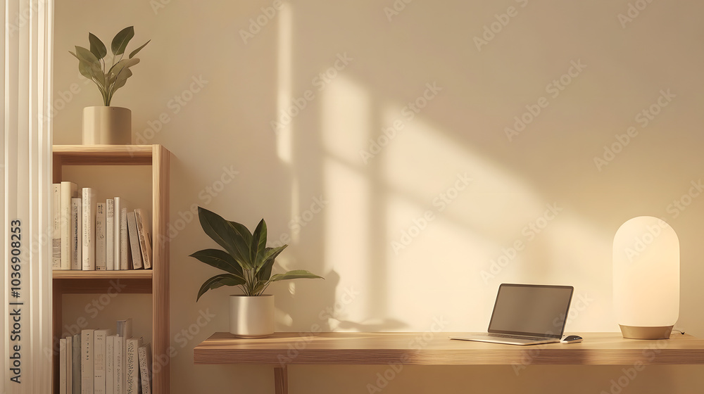 The small bookshelf on the left features a few neatly arranged books and a minimalist potted plant. A wooden table holds a sleek laptop The small bookshelf on the left features a few neatly arranged books and a minimalist potted plant. A wooden table holds a sleek laptop