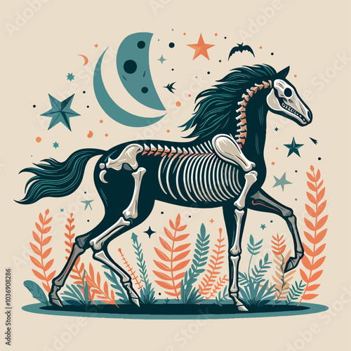 A skeleton horse is walking through a forest with stars