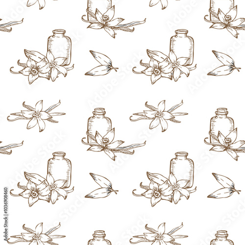 Vector doodles of vanilla beans, flowers, and leaves combined with herbs. A natural and organic pattern, ideal for cosmetics or essential oils branding.