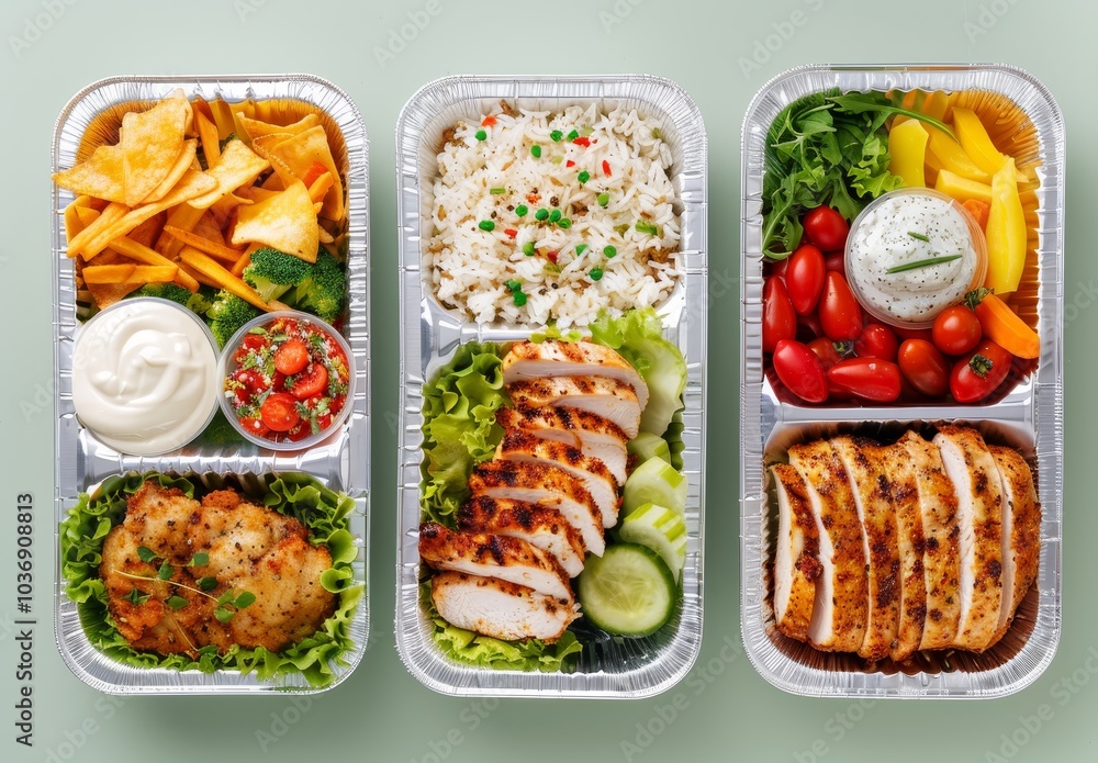 Top View of Three Healthy Food Containers with Colorful Dishes. Top View of Three Healthy Food Containers with Colorful Dishes.