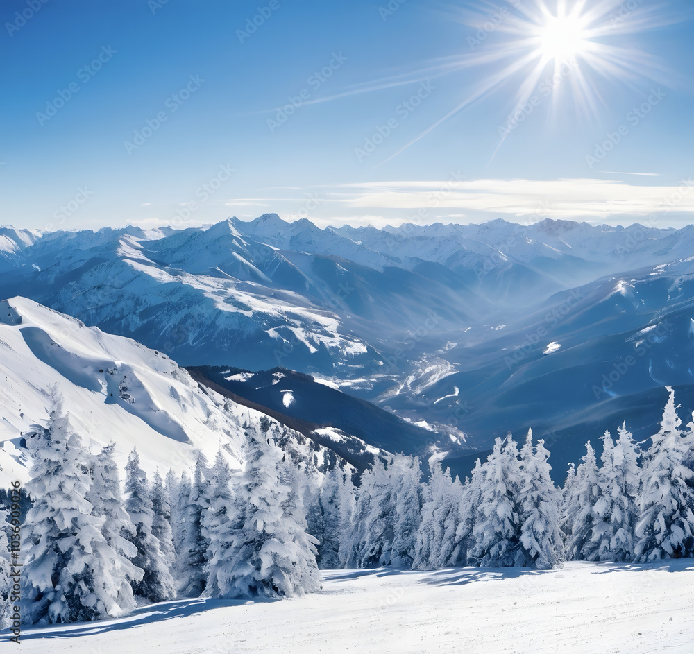 Panoramic view of winter mountains. Landscape of ski resort on a clear sunny day. Alpine mountains covered with white snow against blue sky. Winter holidays. Panoramic view of winter mountains. Landscape of ski resort on a clear sunny day. Alpine mountains covered with white snow against blue sky. Winter holidays.