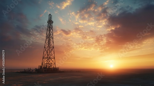 A majestic oil derrick in the middle of an open field at sunset