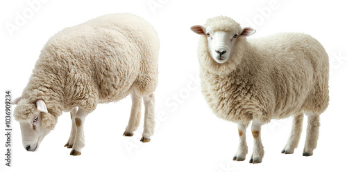 Fluffy sheep standing and grazing in natural pose, showcasing their woolly coats and gentle expressions. These animals are often associated with pastoral landscapes and farming