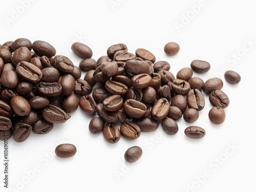 Studio photo of coffee beans in a pile on a white background photo