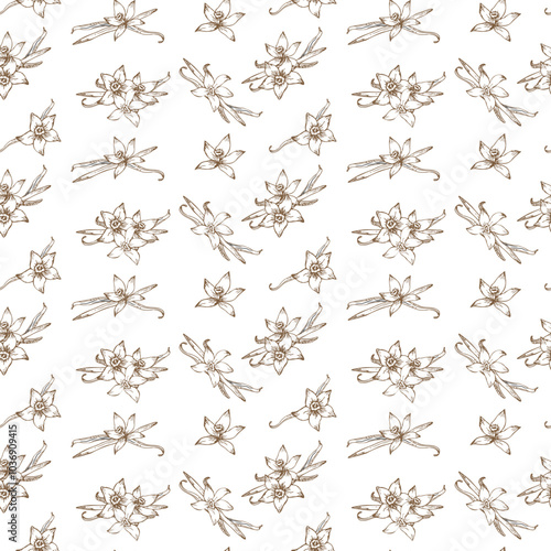 Seamless vector pattern featuring vanilla beans, aromatic herbs, and delicate flowers. Perfect for organic perfume and essential oil packaging