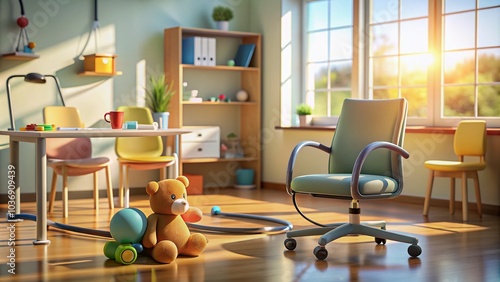 Warmly lit medical office scene with empty chairs, stethoscope, and toys, awaiting a check-up, symbolizing pediatric care, health, and nurturing environment. photo