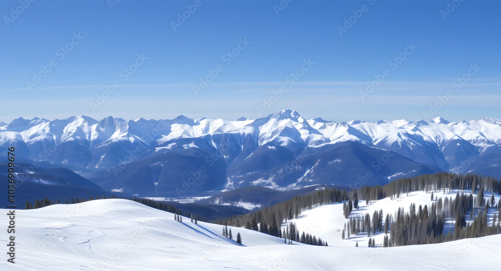 Panoramic view of winter mountains. Landscape of ski resort on a clear sunny day. Alpine mountains covered with white snow against blue sky. Winter holidays. Panoramic view of winter mountains. Landscape of ski resort on a clear sunny day. Alpine mountains covered with white snow against blue sky. Winter holidays.