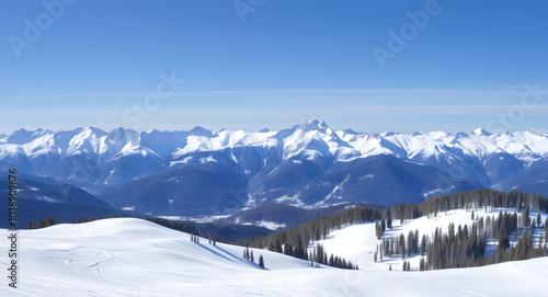 Panoramic view of winter mountains. Landscape of ski resort on a clear sunny day. Alpine mountains covered with white snow against blue sky. Winter holidays.