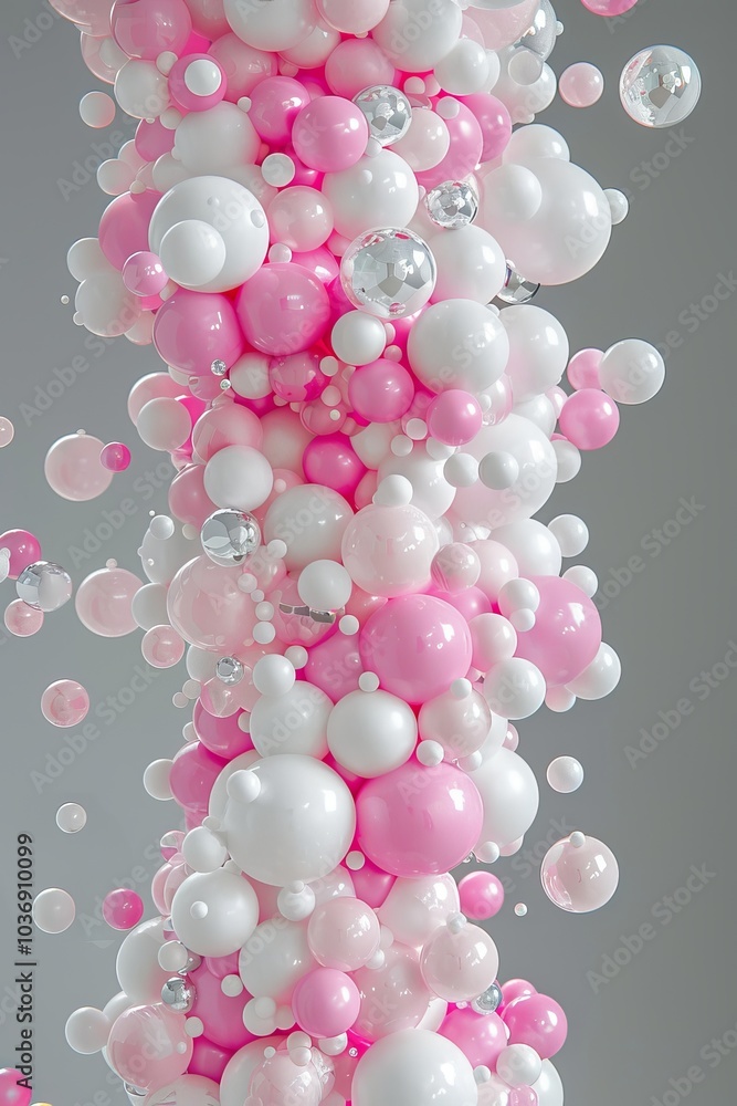 Vertical Column of Pink and White Bubbles with Chrome in Air. Vertical Column of Pink and White Bubbles with Chrome in Air.