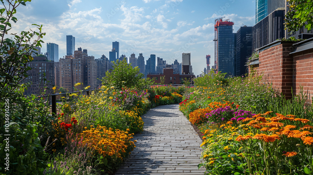 Fototapeta premium A vibrant urban garden featuring flowering shrubs that enhance the cityscape with a touch of nature.