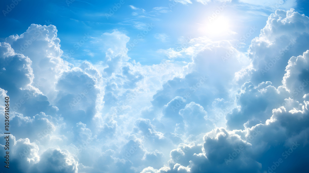Beautiful blue sky with radiant sun and fluffy clouds Beautiful blue sky with radiant sun and fluffy clouds