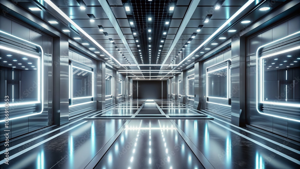Futuristic empty white 3D room with neon lights, silver road, black wall, and gray accents, evoking a sense of modern technology and abstract space design. Futuristic empty white 3D room with neon lights, silver road, black wall, and gray accents, evoking a sense of modern technology and abstract space design.