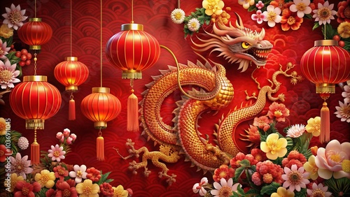 Wallpaper Mural Vibrant red background festively decorated with intricately designed lanterns, blooming flowers, and majestic dragon zodiac sign, celebrating the auspicious Happy Chinese New Year. Torontodigital.ca